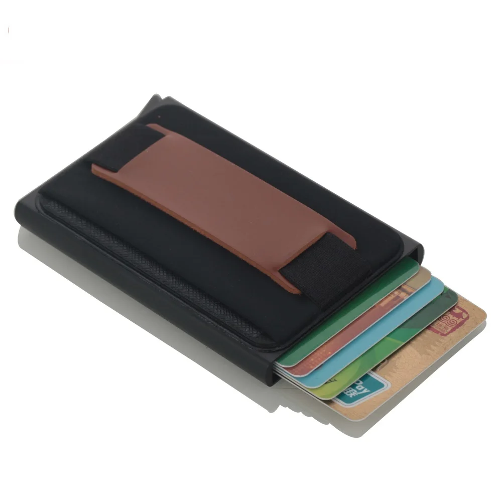 

Aluminum Card Holder With Elastic Back Pouch RFID Blocking ID Credit Card Holder Automatic Pop up Credit Card Case