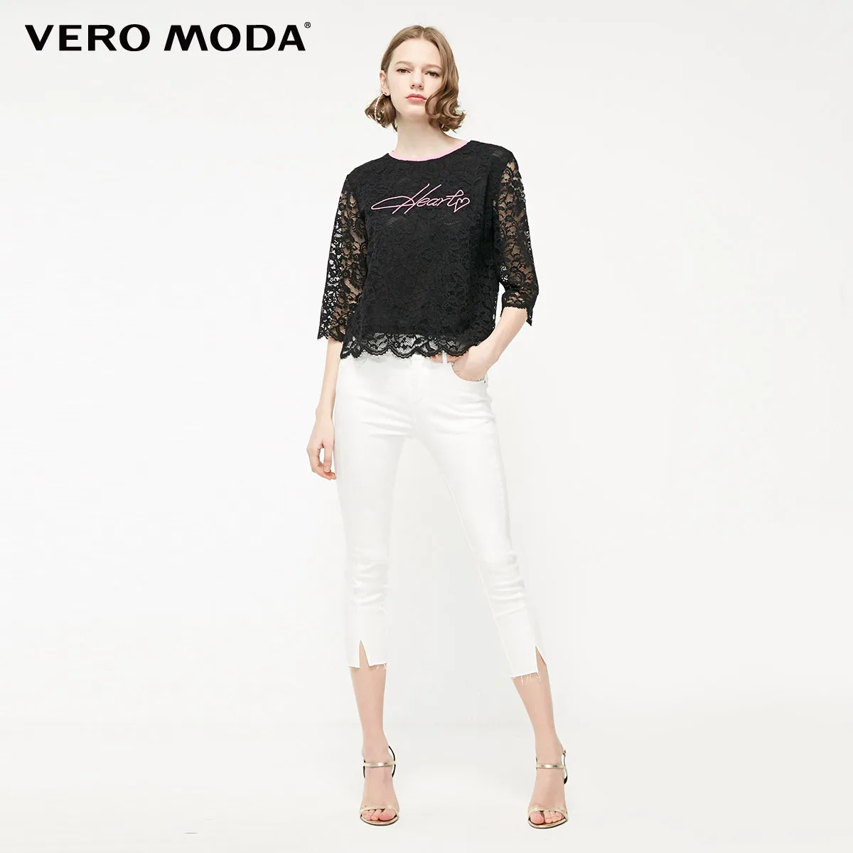 Vero Moda Женская Кружевная футболка с круглым вырезом 3/4 рукавами | 319130512