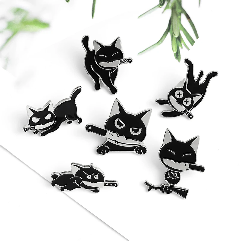 Cartoon Black Cat Brooch Ninja cat Kung Fu Custom Brooches Bag Clothes Lapel Pin Punk Animal Badge Jewelry Spille | Украшения и