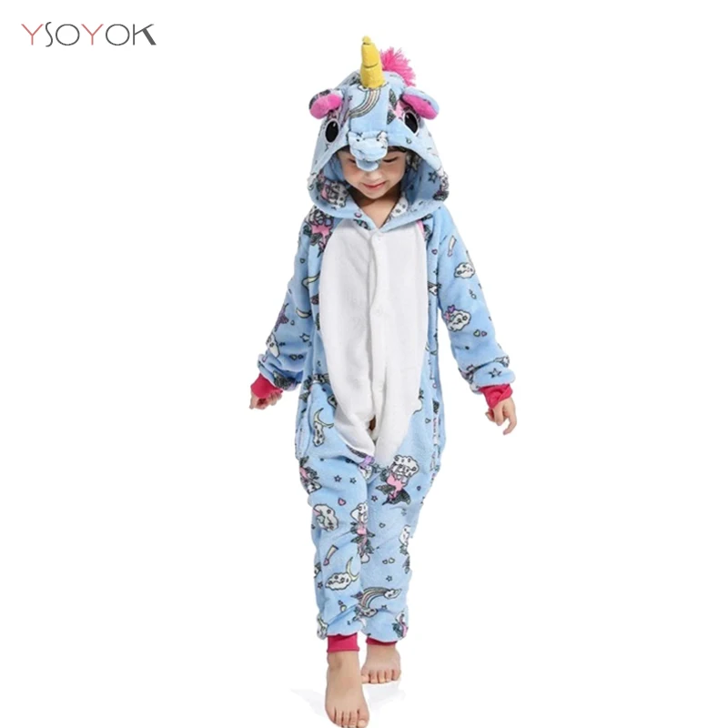 Kigurumi/детская зимняя одежда для сна; детская пижама панда с единорогом; комплекты одежды для маленьких девочек и мальчиков; комбинезон с Пикачу для детей 4, 6, 8, 10, 12 лет - Цвет: Blue sky horse