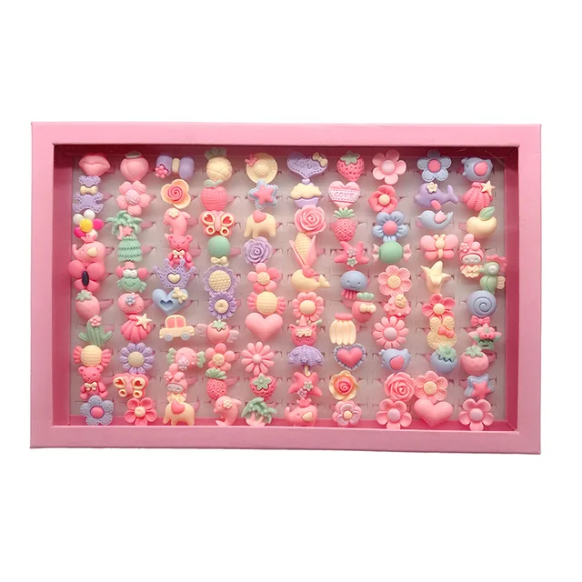 3/6/10pcs Kids Girl Cartoon Makeup Rings Fruit Flower Animal Diamond Shape Ring Finger Jewelry Rings Pretend Play Princess Toys 2