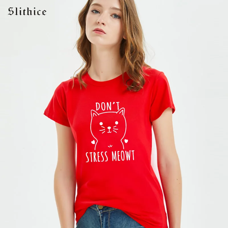 Slithice Don STRESS MEOW забавная Милая футболка футболки с коротким рукавом котом Kawaii