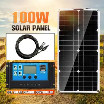 

100W Solar Panel Dual USB 18V Solar Power Panels+Line+30A USB Solar Charge Controller for Outdoor Camping Car Boat Solar Battery