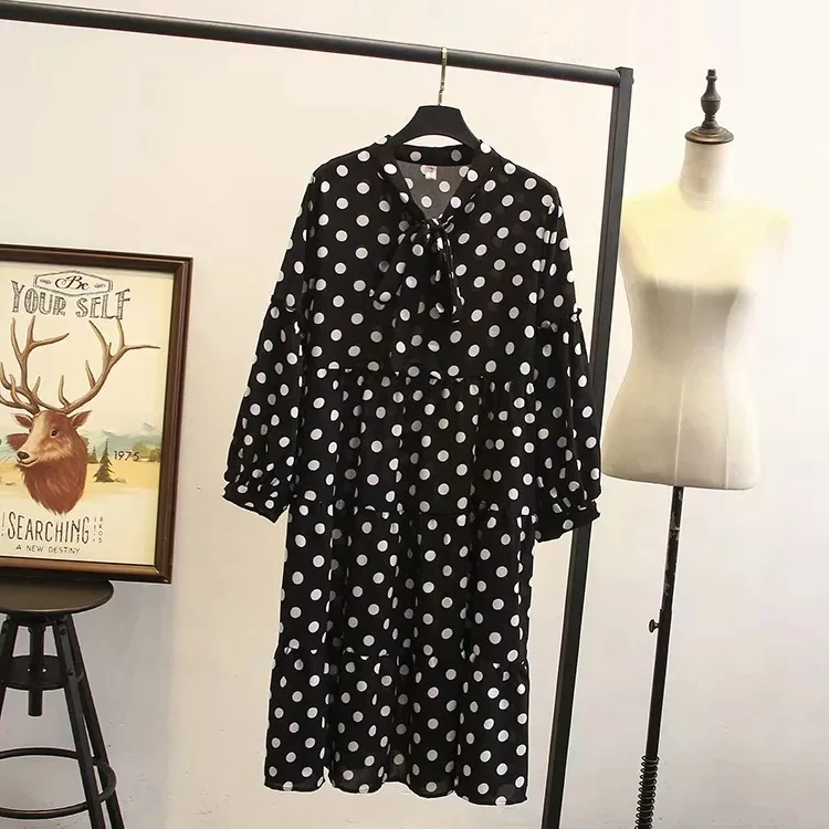 

2020 Spring And Summer New Style Korean-style Large Size Dress Polka Dot Long-sleeved Dress Bow Cake Long Skirts W3-8552