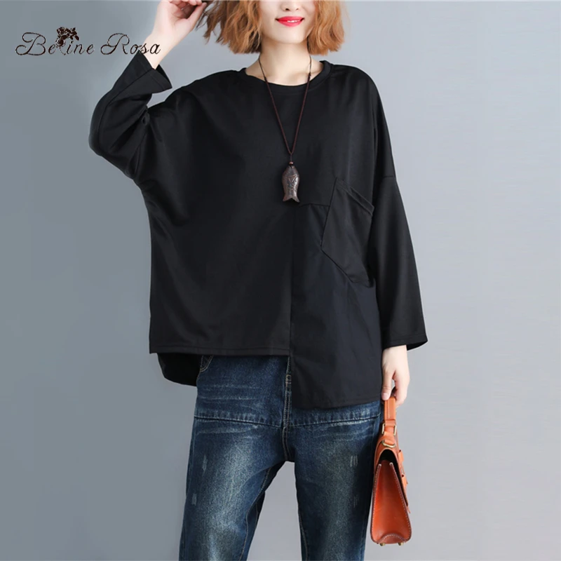 

BelineRosa Women's Loose Casual Black T Shirt Simple Pure Color Irregular Hem Design Long Sleeve T-shirts Woman 666DM033