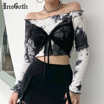 

InsGoth Black White Tie-dye Print Bodycon Crop Tops Women Streetwear Punk Bodycon Patchwork Female Tops Gothic Top Autumn