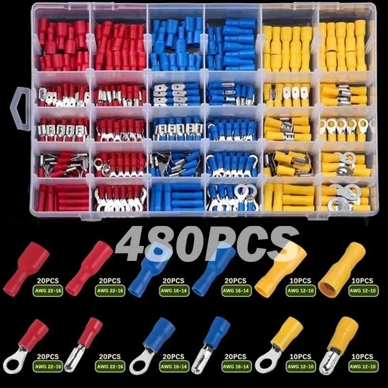 

480Pcs Assorted Insulated Electrical Wire Crimp Terminals Connectors Wire Butt Spade Ring Fork Crimping Connectors Set