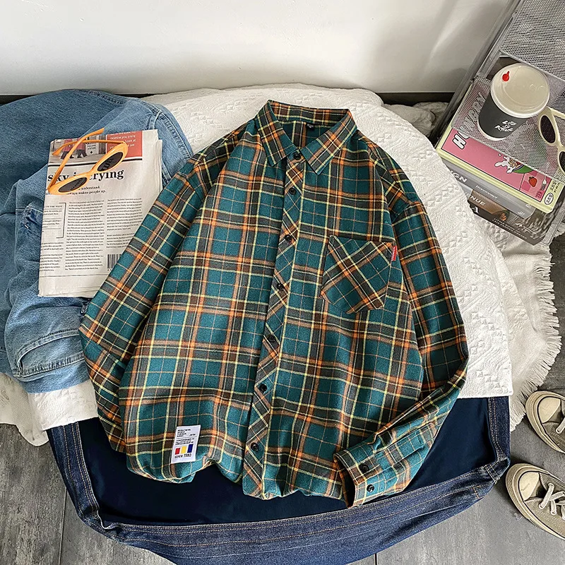 Shirt Men Flannel Plaid Long Sleeve Loose Hip Hop Street Casual Pocket Male Soft Dress Plus Size long sleeve shirt men casual shirt flannel shirt
