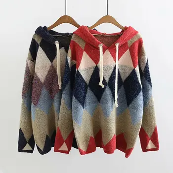 

Winter Clothes Women Sweater Loose Versatile Hooded Pullover Casual Fashion Long Sleeve Geometric Sweaters 2019 New