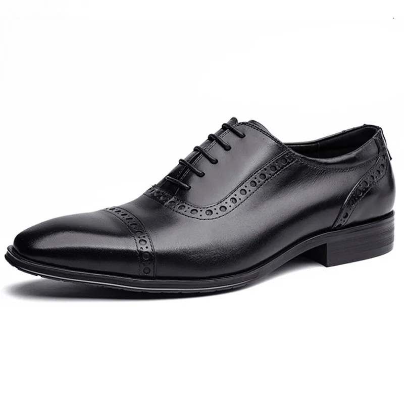 

genuine cow leather Toe cap men's Retro dress shoes oxfords Black Wine red designer lace-up fashion wedding shoes