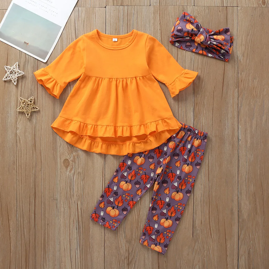 

Spring Autumn Kids Halloween outfits Baby Girls clothes set Solid Tops+Pumpkin Print Pants+Headband Toddler Outfits costume