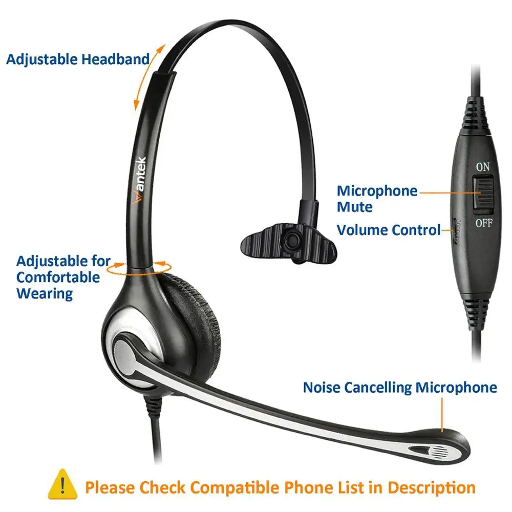 Phone Headset RJ9 with Microphone Noise Cancelling & Mute Switch Telephone Headset Hands Free Compatible with Polycom VVX310 VVX410 Plantronics S12 Avaya 1408 1416 Northern Telecom Landline Phone 