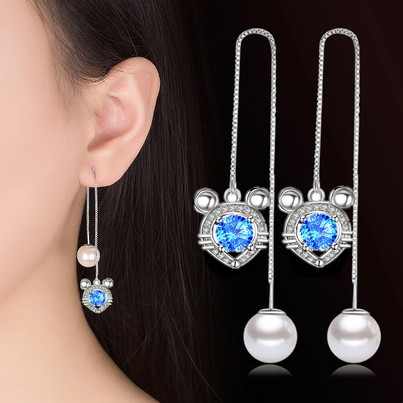 

2020 New Cute Mouse Long Tassel Earrings for Women Fashion AAA Cubic Zirconia Drop Earrings White Gold Color Female Jewelry Gift