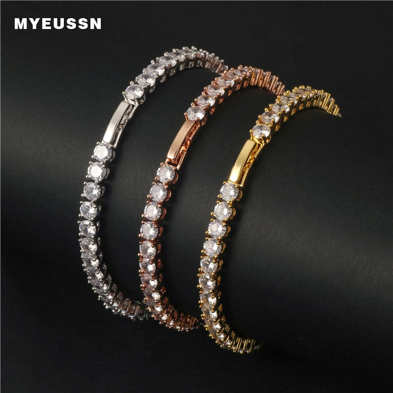 Однорядный Теннисный браслет для мужчин Bling Iced Out кубический циркон медь 4 мм/5 мм хип хоп теннисная цепочка золото/серебро/розовое золото браслет