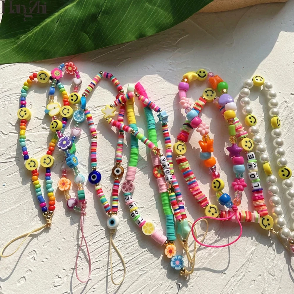 New Mobile Phone Anti-Lost Strap Lanyard Ins Trendy Colorful Smile Pearl Soft Pottery Rope for Cell Case Hanging Cord | Мобильные
