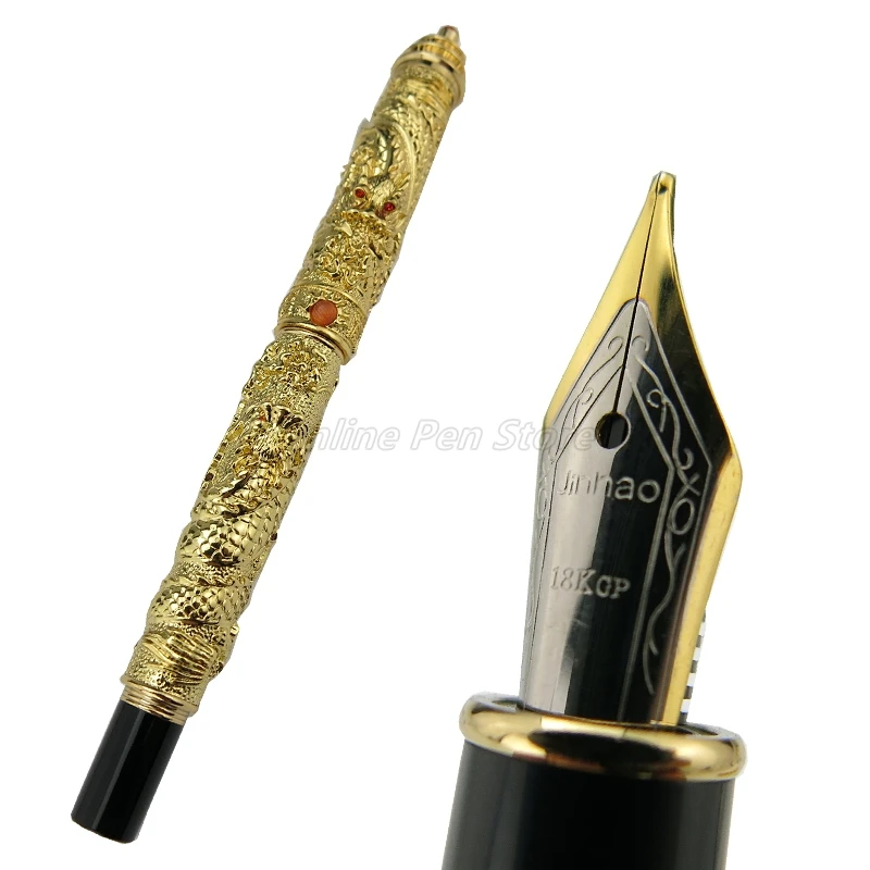 Jinhao Golden Double Dragon Giocare A Pearl Carving Embossing Tower Cap Pennino Medio Penna Stilografica Pesante Cancelleria Per Ufficio