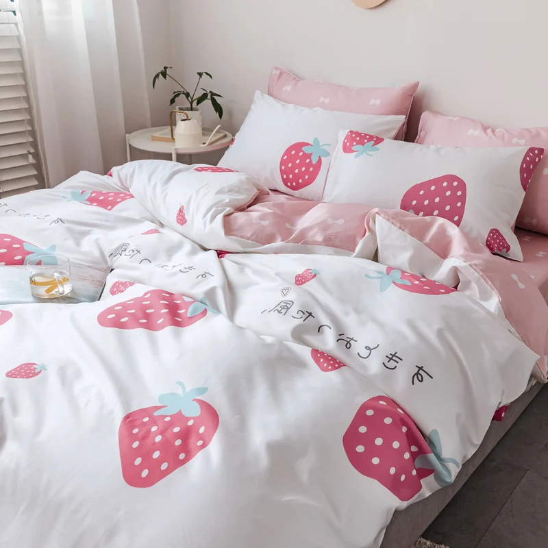 

Bed Sheet Quilt Two-Piece Set Girl Heart Bed Sheet Three-Piece Bedding Strawberry Cotton Student Dormitory Single