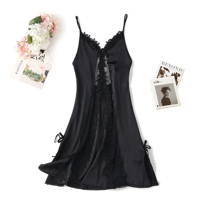Appliques Sexy Nightgown Satin Women Lace Sleep Dress Loose Hollow Out Nightdress Sleepwear V-Neck Rayon Home Dressing Gown - Image 4