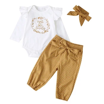 

3Pcs Autumn Baby Girl Clothes Set Letter Printing Long Sleeve Ruffles Romper Dot Printing Pant Free Hairband Infant Outfits#1
