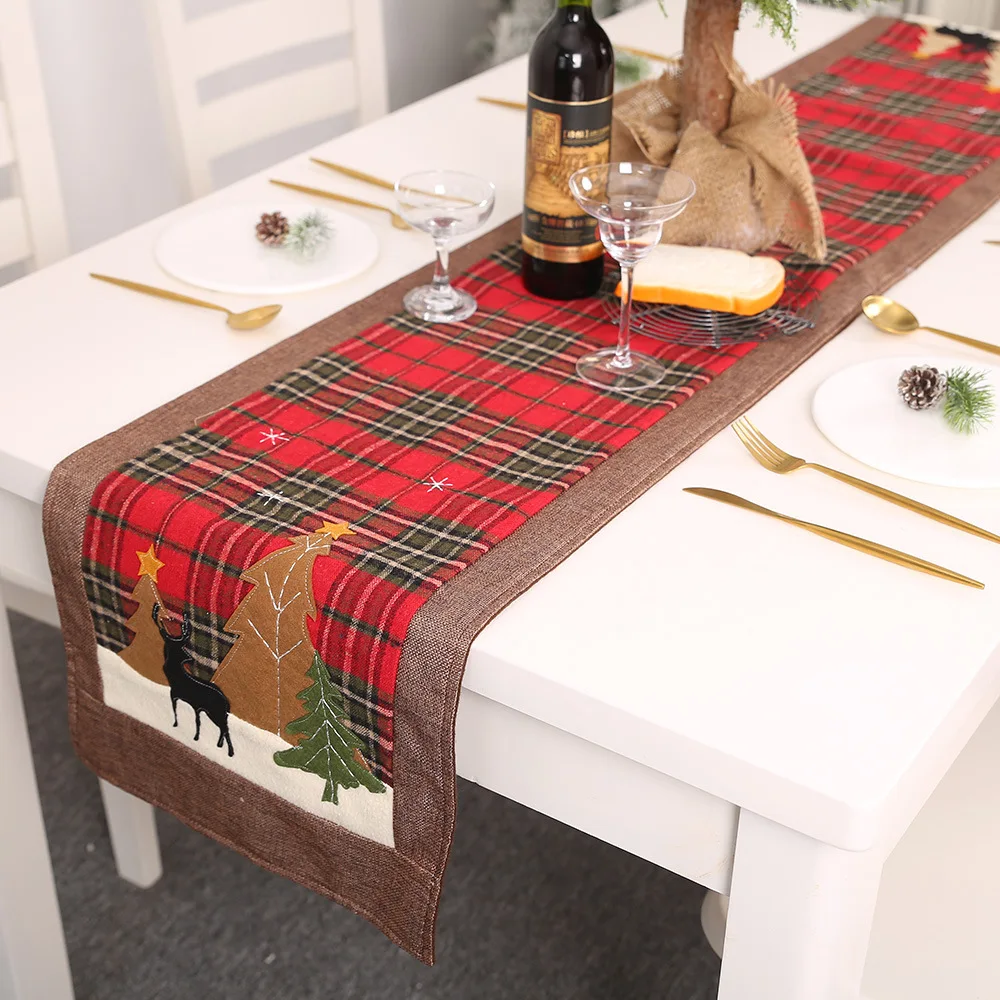 

180*35CM Christmas Table Runner Plaid Cloth Elk Small Tree Table Mat Insulation Mat New Year Festive Decorations Christmas Gifts