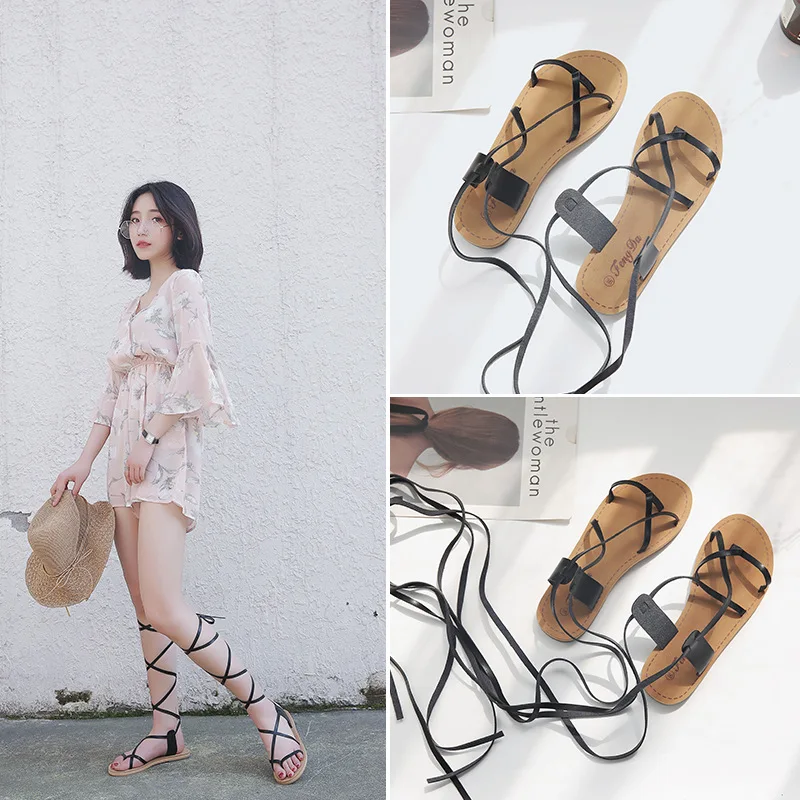 

2018 Summer New Style Korean-style Cross Straps Flat Sandals Female Summer Versatile Lace-up Gladiator Sandals Split Toe Sandals