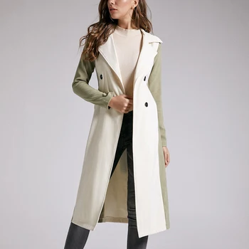 

Sbetro Autumn and winter new fashion green and apricot woven color matching trench coat for women