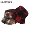 FOXMOTHER Fashion Outdoor Bob Warm Lamb Faux Fur Fluffy Fishing Caps Mens Women Winter Check Tartan Plaid Bucket Hats Ladies 1
