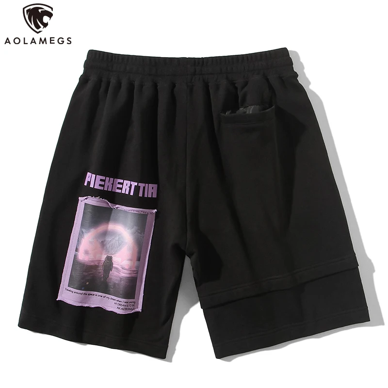 

Aolamegs Shorts Men Hit Color Universe Printed Patch Shorts Elastic Waist Casual Shorts Sweatpants Harajuku All-match Streetwear