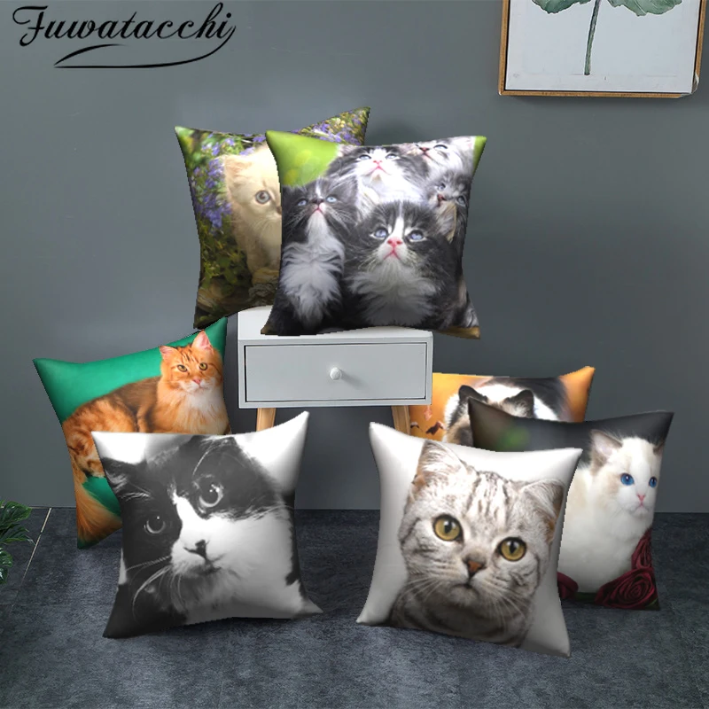 

Fuwatacchi Cute Cats Pillowcases Anilmals Pattern Throw Pillow Covers for Home Sofa Polyester Decorative Cushion Cover 45*45cm