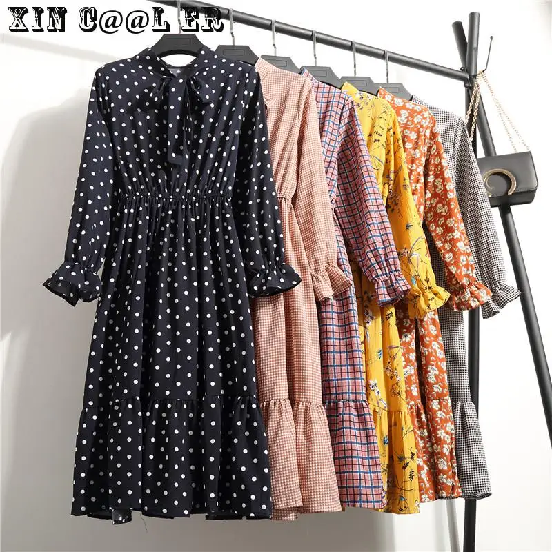 Beautiful Fashion Spring Autumn Women Long Sleeve Dress Retro Collar Casual Slim Dresses Floral Printing Chiffon Sexy