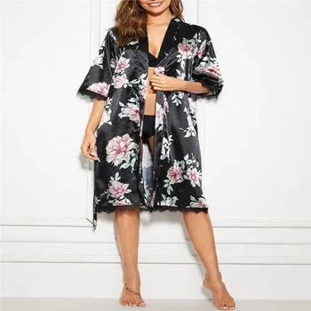

Silk Satin Sleepwear Robe Female Printed Lace Pajamas Nightgown Woman Bathrobe With Belt Thin Flower Dressing Gowns For Women