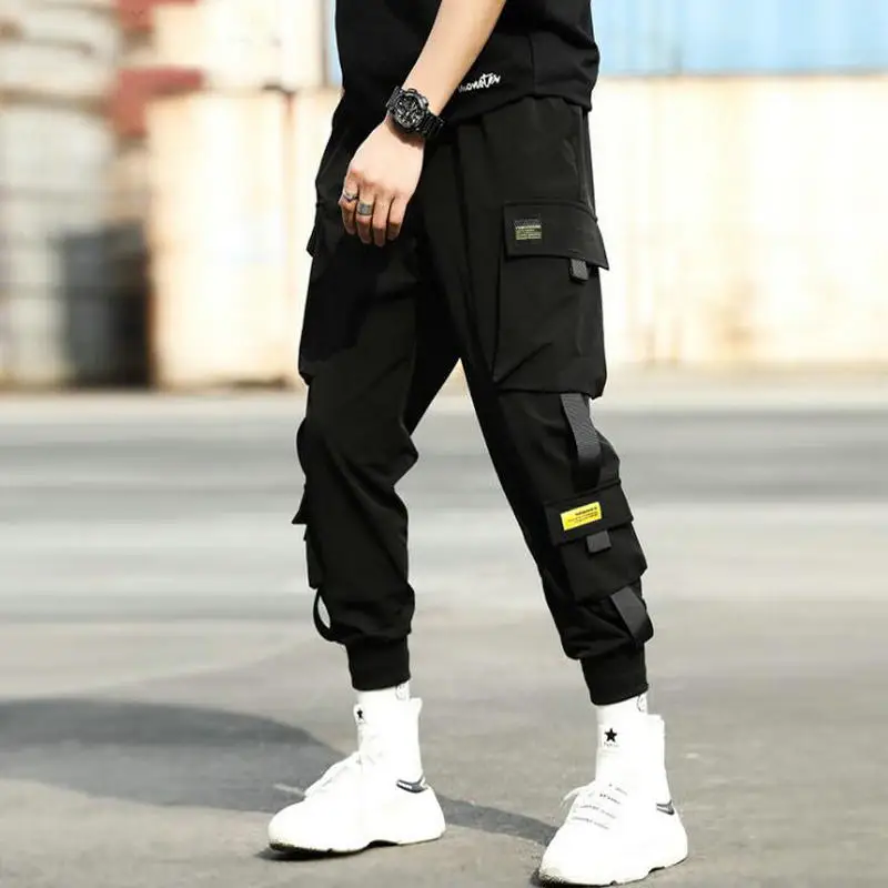 

LOOZYKIT Street Hip Hop Black Pants Men Elastic waist Punk Pants With Bands Temporary Thin Jogger Pants Men Hip Hop Pants