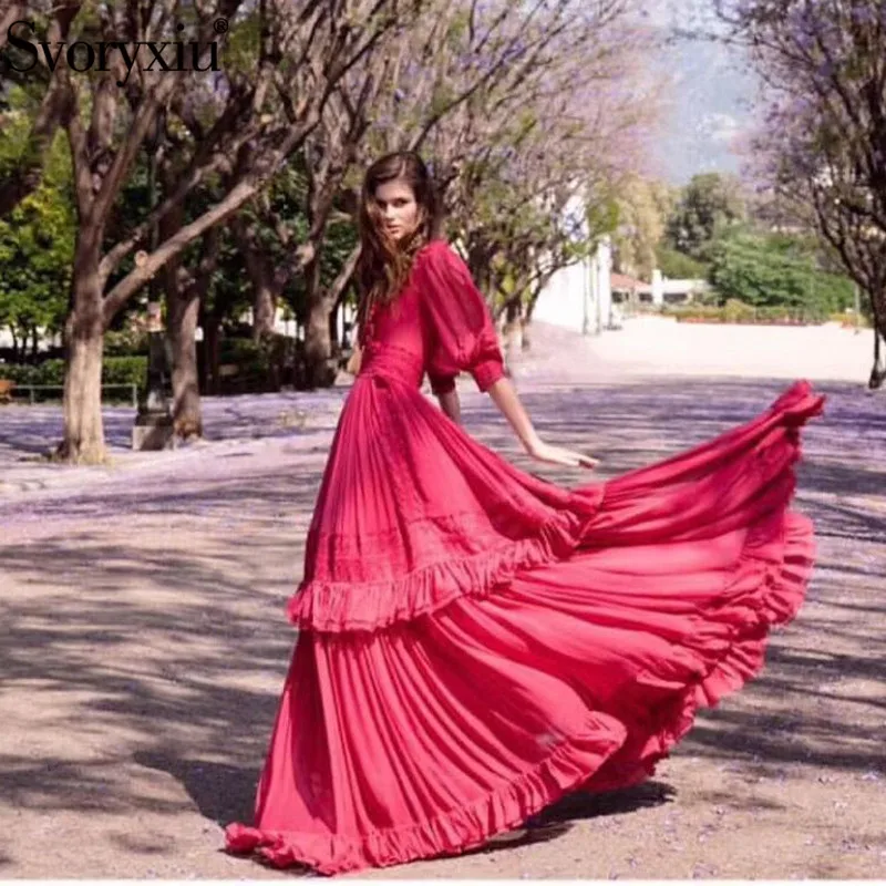 

Svoryxiu Women's Autumn Winter Runway Long Dresses Elegant Lantern Sleeve Lace Embroidery V-Neck Sexy Party Dresses 2019 New