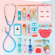 Деревянный доктор, игрушки для детей, девочек и мальчиков, детские игрушки, ролевые игры, красный медицинский набор, стоматологический медицинский набор, наборы лекарств, тканевый мешок, упаковочные игры, подарок