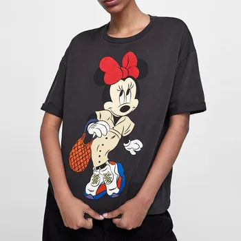 

Black Casual Cartoon T Shirts Women Summer 2020 O Neck Short Sleeve Tops mickey Knitted Tees Streetwear Slim Girl Funny Tshirts