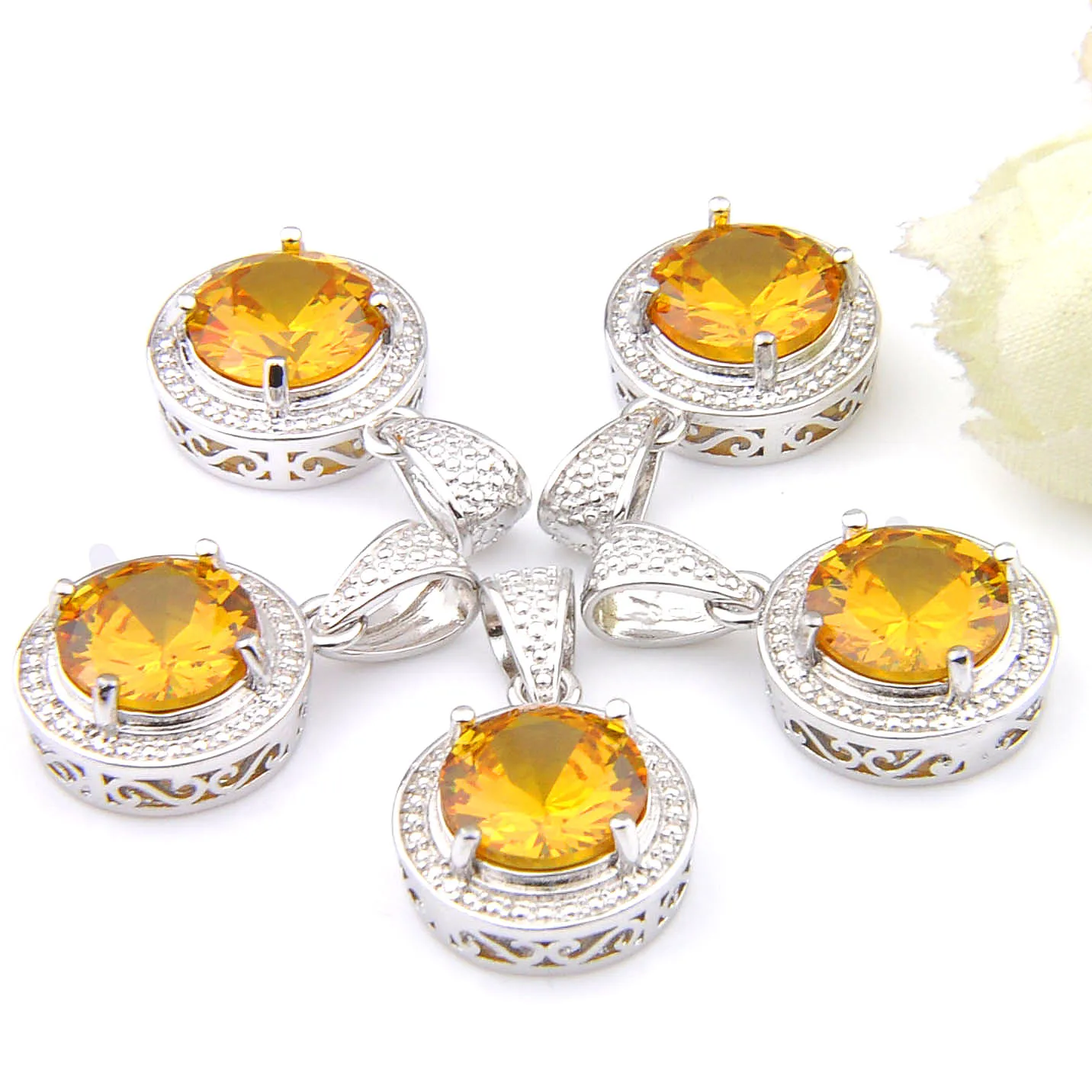 MIX 5 PCS Xmas Gifts Big Offer Antique Shine Round Cut Golden Citrine Silver Necklaces Pendants for Holiday Party Gifts