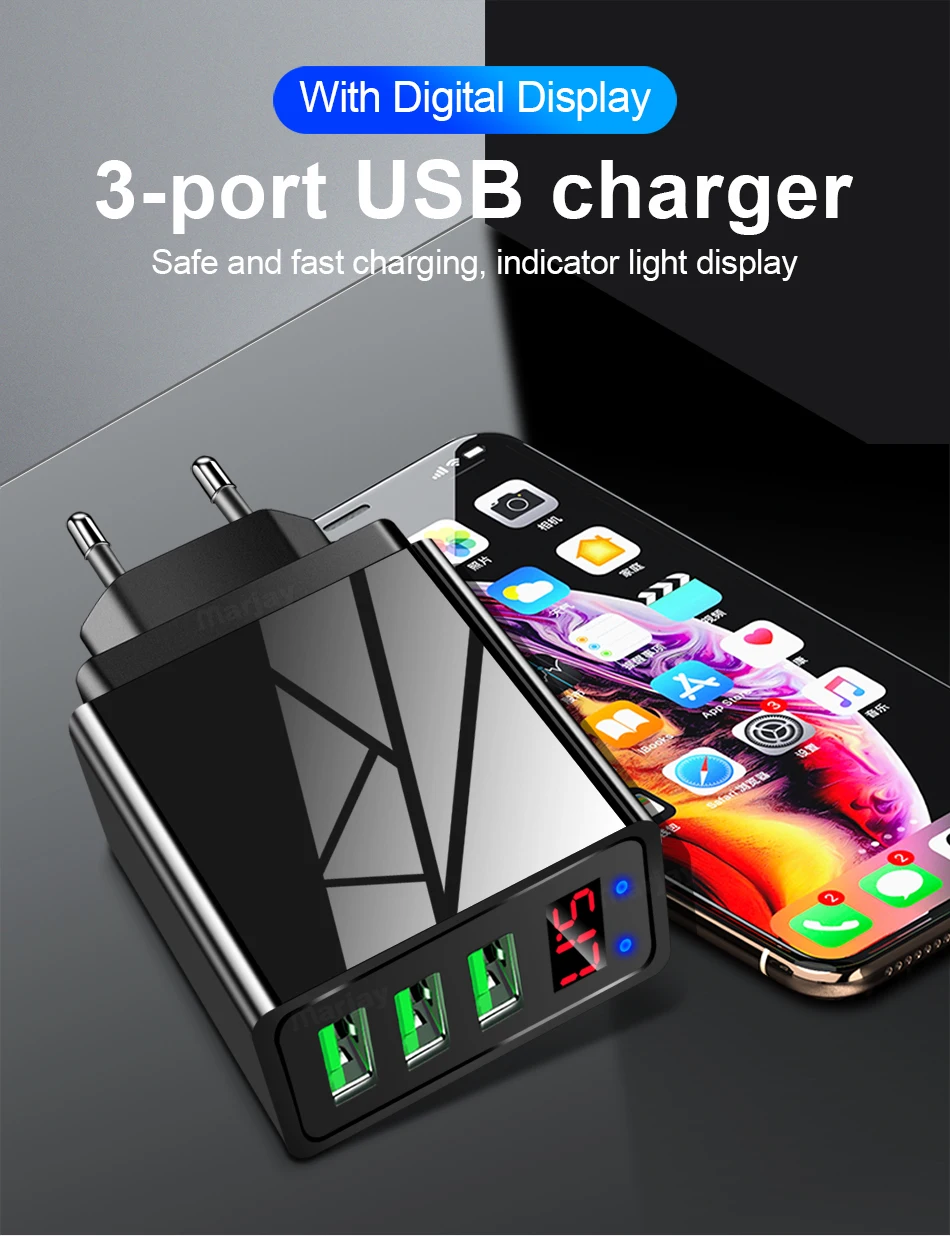 USB зарядное устройство для iphone зарядное устройство светодиодный дисплей 3 USB 5V 3A Быстрая зарядка настенное зарядное устройство для iphone samsung Xiaomi Max 2.4A Быстрая зарядка