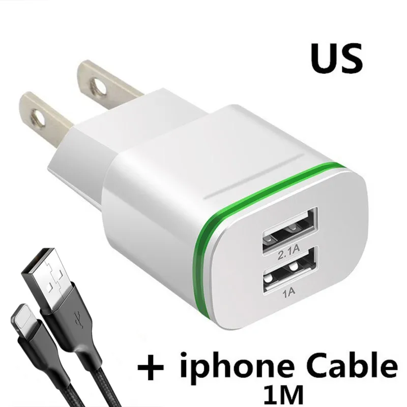 White ip Cable 5 В/2,1 а EU/US штекер светодиодный светильник 2 usb порта адаптер для мобильного телефона быстрое настенное зарядное устройство Micro USB кабель для зарядки смарт-устройства - Тип штекера: White ip Cable