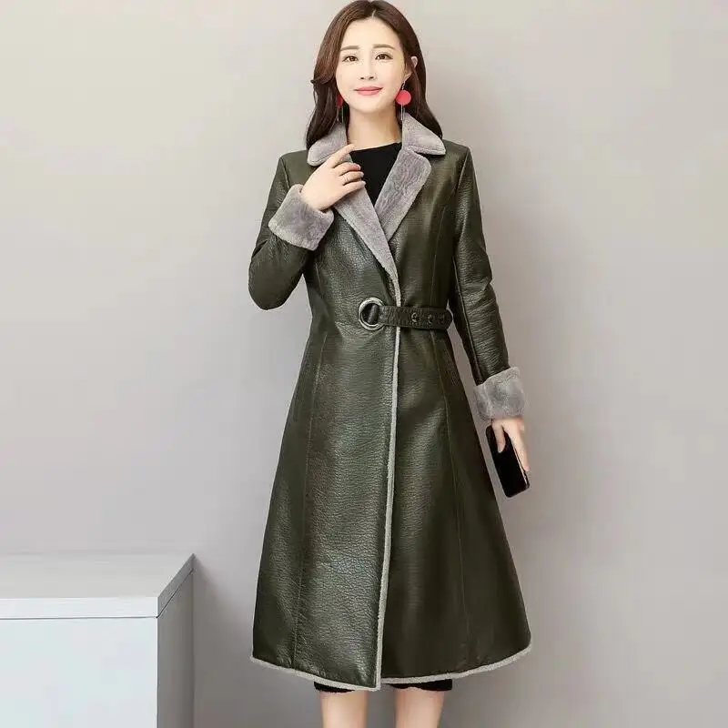 Женское длинное пальто из искусственной кожи с искусственным мехом, повседневное приталенное пальто размера плюс 5XL, Черная куртка с воротником из искусственного меха, пальто casaco - Цвет: Green1