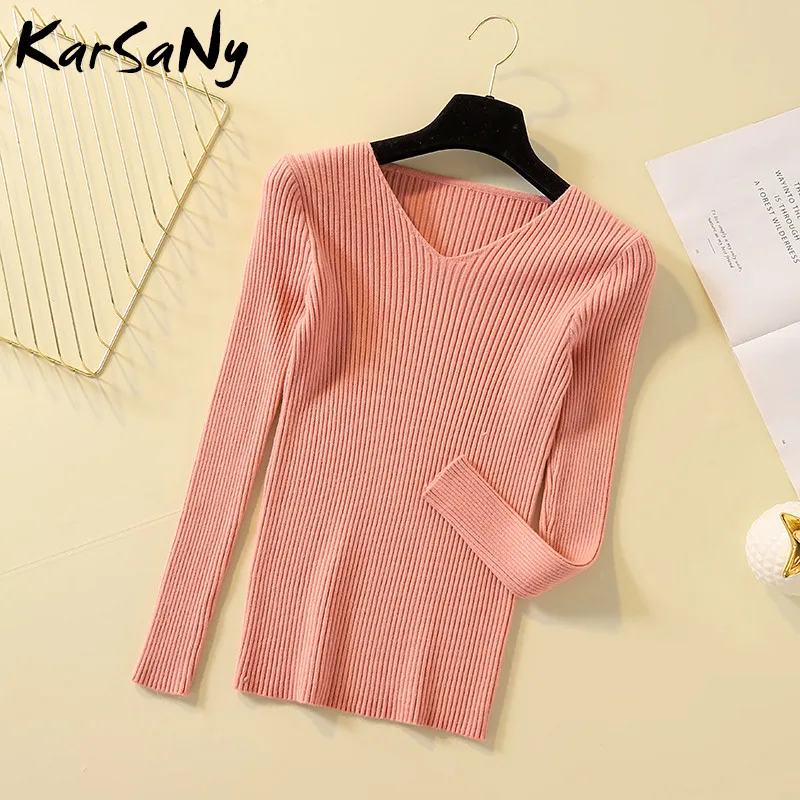 KarSaNy вязаный зимний джемпер, женский свитер с v-образным вырезом, пуловеры, Модный женский вязаный свитер с v-образным вырезом, женский розовый винтажный Топ - Цвет: Pink