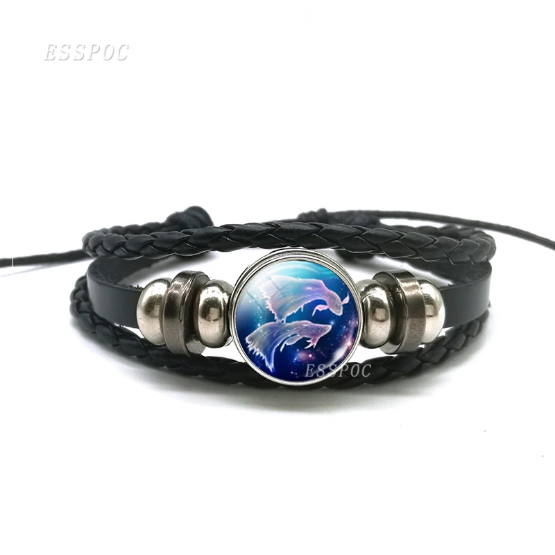 12 Zodiac Signs Constellations Black Button Woven Leather Bracelet Glass Dome Jewelry Men Aries Libra Libra Leo Birthday Gift - Image 4