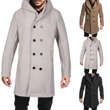 Новинка, модный брендовый зимний теплый Тренч для мужчин, пальто, мужское, одноцветное, шерстяное, толстое, повседневное, тонкое, длинное, с капюшоном, куртки, ветровка
