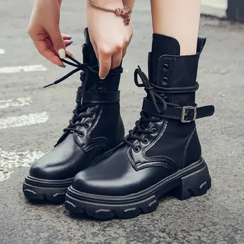 

Genuine Leather Boots Women Boots Platform Women Autumn Black Motorcycle Boots Waterproof Thick Heel Shoes Botas De Mujer 2020