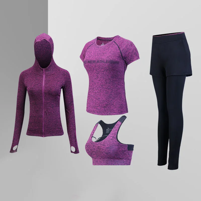 Red violet Комплект для йоги, бесшовный спортивный бюстгальтер+ укороченный топ с коротким рукавом+ женские леггинсы для бега, спортзала, с высокой талией, для тренировок, фитнеса, дышащий спортивный костюм - Цвет: Red violet