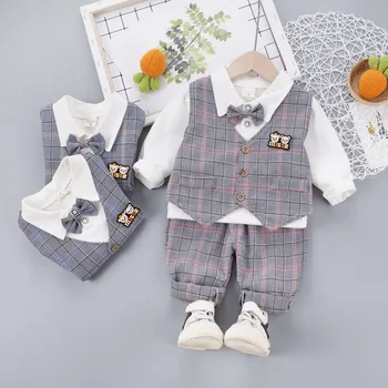 

Casual 3 PCS Boys Suit Set Baby Plaid Clothes Pink Shirt + Coat + Pants Suit Kids Fall Little Gentleman Costume Children Clothin