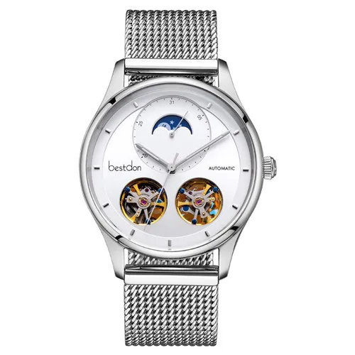 Bestdon двойной скелет MoonPhase Швейцария Элитный бренд, механические мужские часы с полностью стальным корпусом водонепроницаемые часы reloj montre - Цвет: Silver white D7140