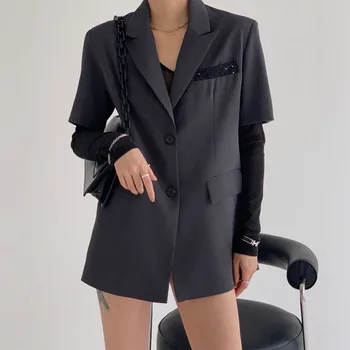 

Spring and Summer Female suit casual solid color single-breasted pocket decorative suit