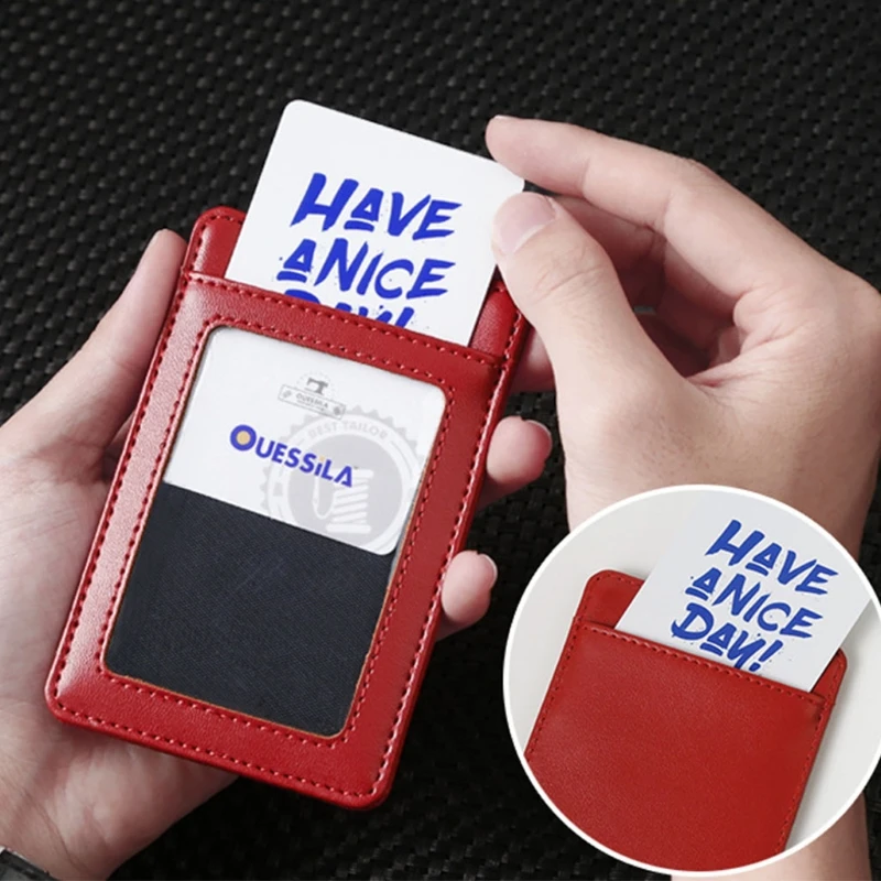 ID Card Holder 1Pc Badge PU Leather Wallet with Neck Lanyard 2-Sided Pocket