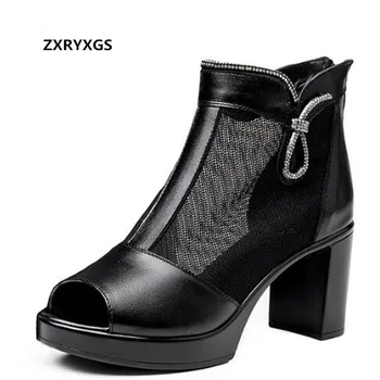 

Promotion Cowhide Mesh Rhinestone Classic Sandals High Heeled Sandals 2020 New Fish Mouth Summer Stylish Sandals Leather Shoes