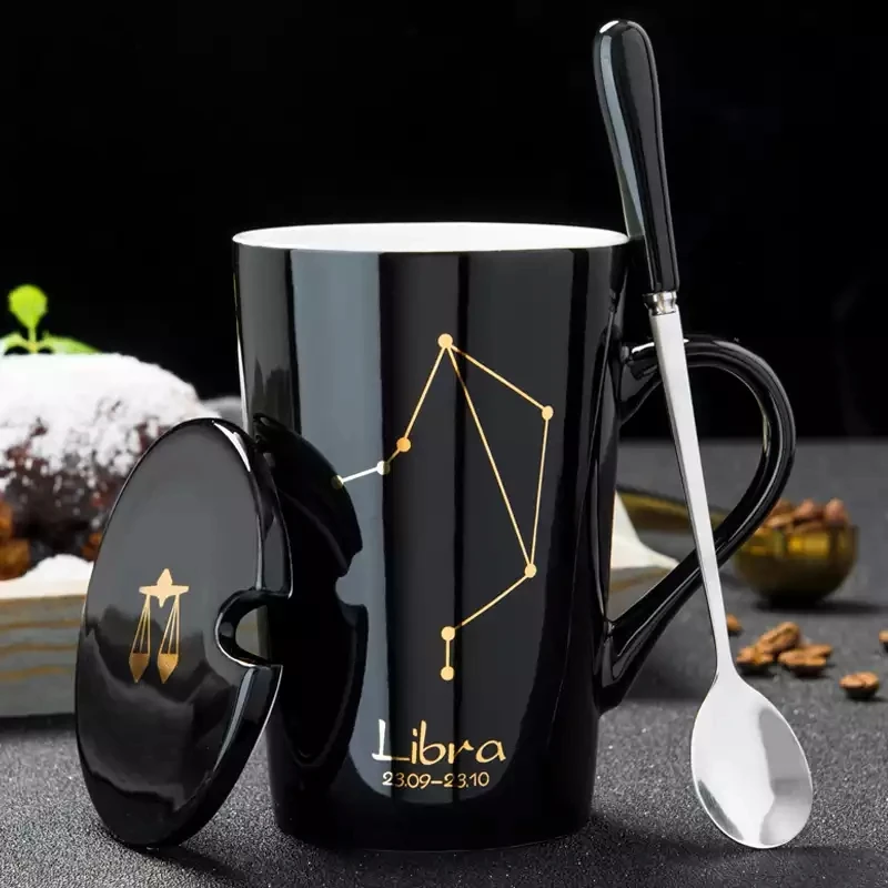 cheap Fasion 12 Constellations Creative Ceramic Mugs with Spoon Lid Porcelain Zodiac Milk Coffee Cup 400ML Water Drinkware
